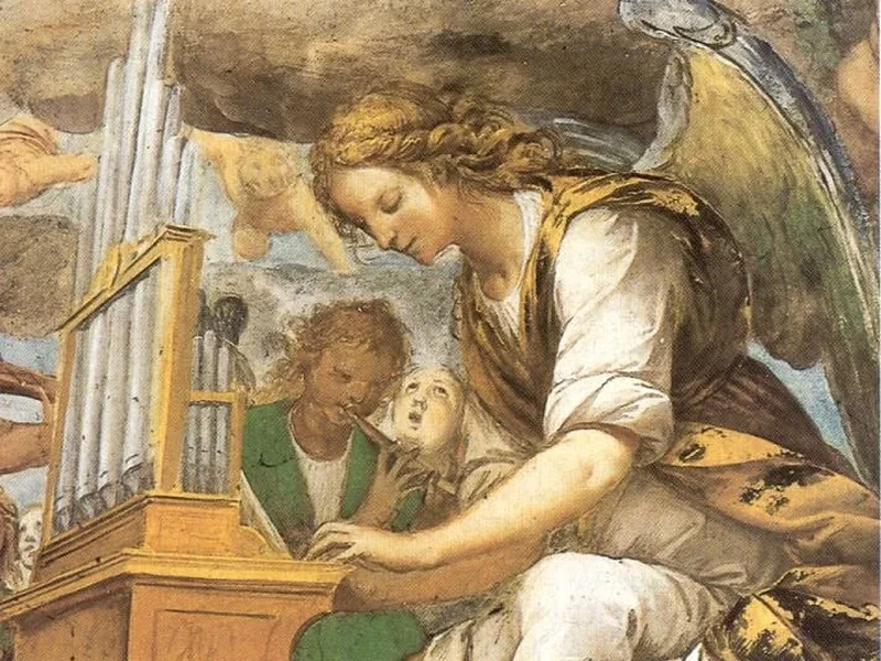 1581-Isidoro Bianchi - Chiesa di Santa Maria dei Ghirli - Angelo all'organo- particolare dell'affresco sulla volta